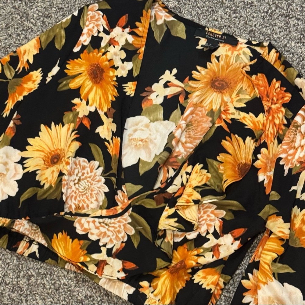 Forever 21 Black Floral Wrap Crop Top with Yellow and Cream Flowers - Picture 3 of 7